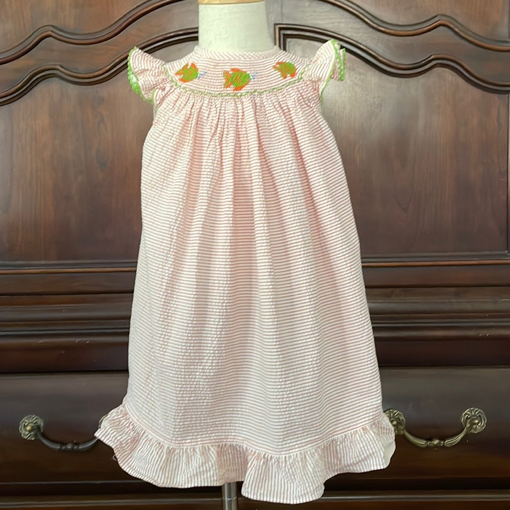 VIVE LA FÊTE Smocked Fish Dress 18M Embroidered Summer Baby Girl